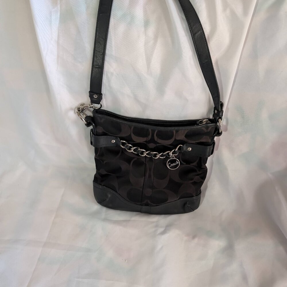 Authenticated Coach Signature Optic Silver Hobo Bag # F19730